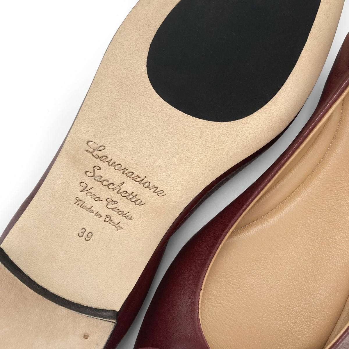 Bordeaux leather ballet flats with sacchetto construction