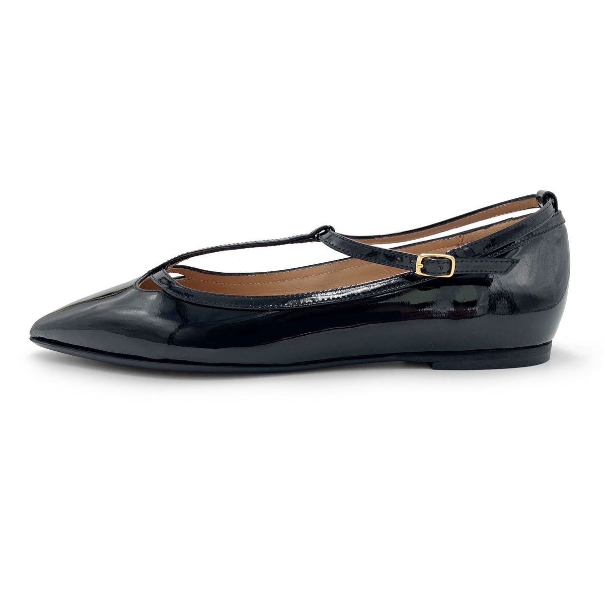 Ballerines pointues T-bar en cuir verni noir