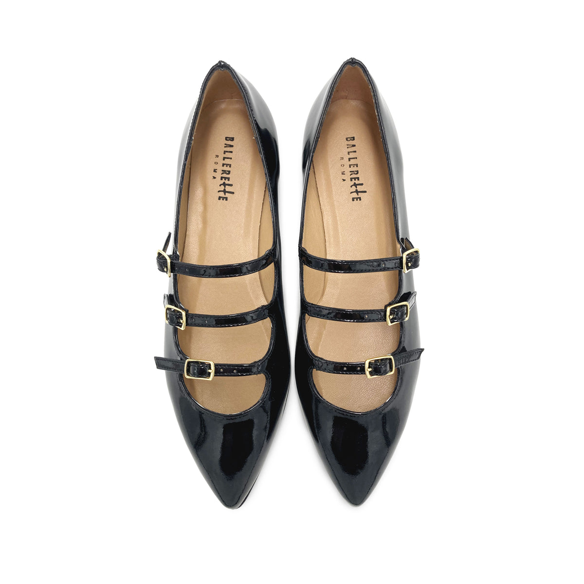 Spitze zulaufende Ballerinas aus schwarzem Lackleder mit drei Riemen