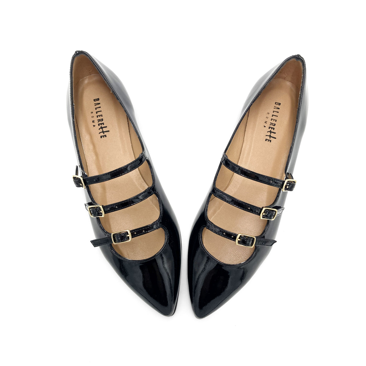 Spitze zulaufende Ballerinas aus schwarzem Lackleder mit drei Riemen