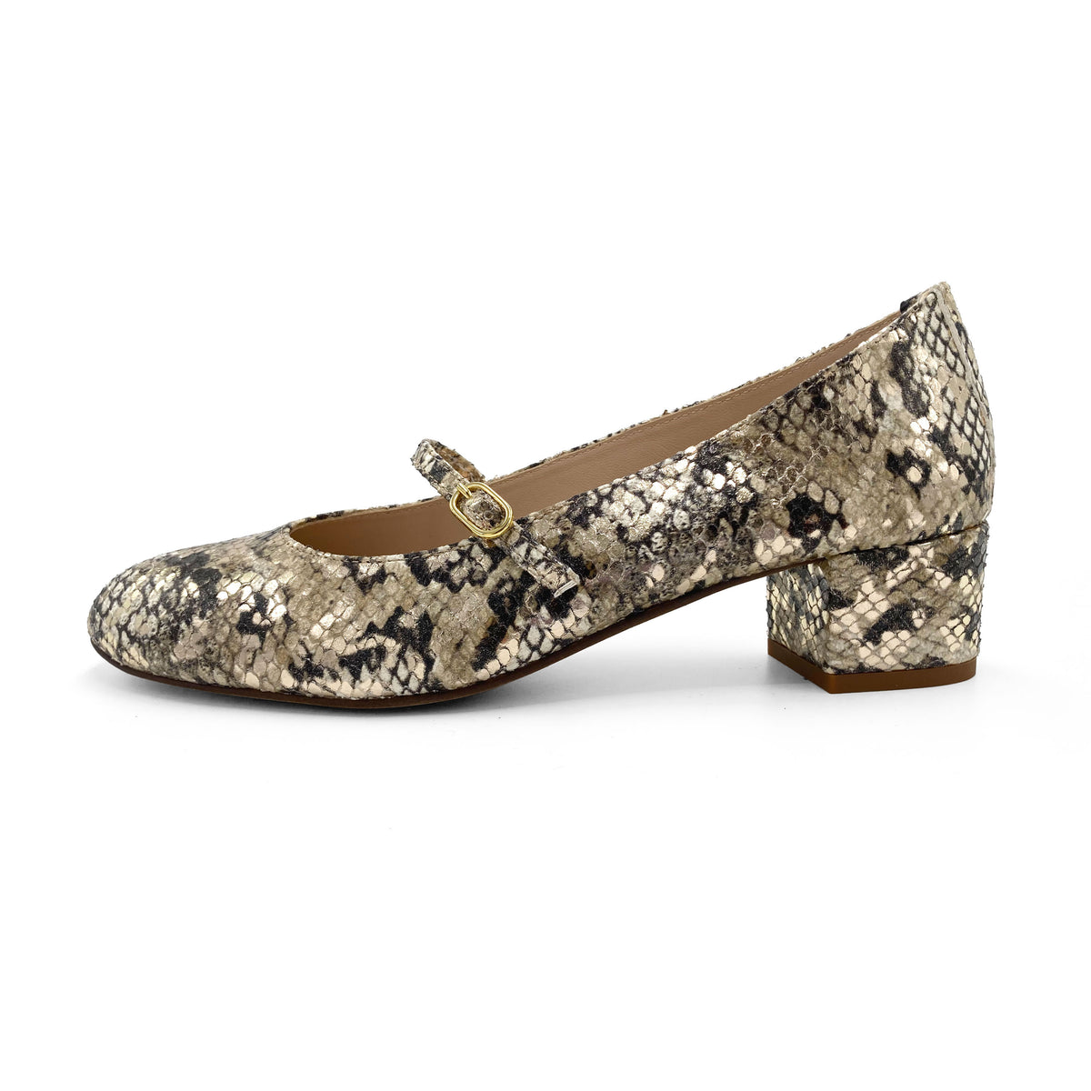 Ballerine Mary Jane animalier pitonate in pelle con cinturino e tacco alto
