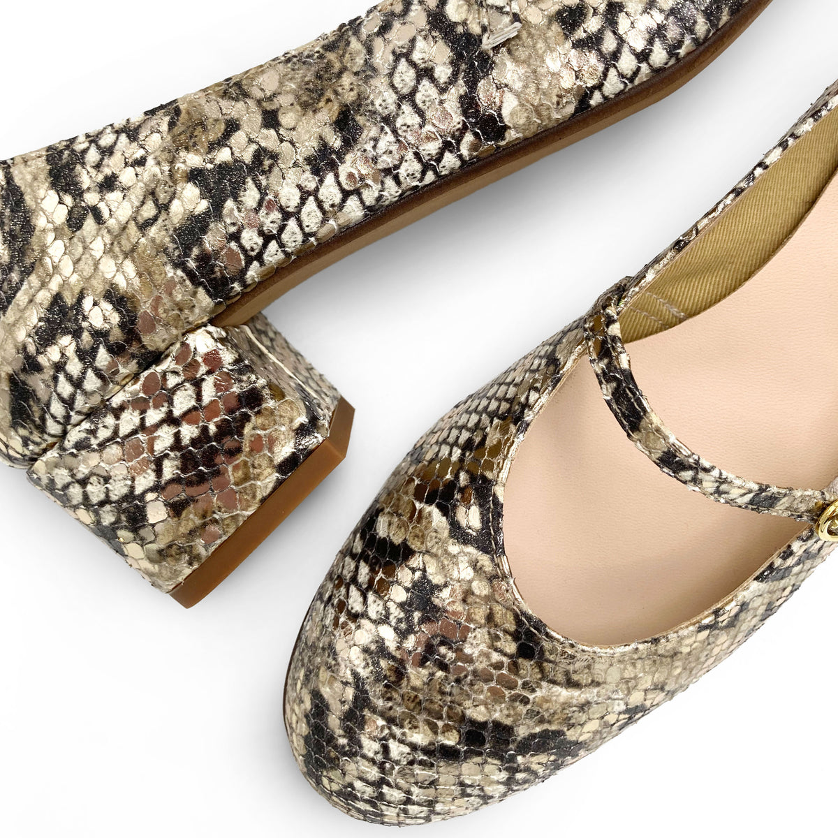 Ballerine Mary Jane animalier pitonate in pelle con cinturino e tacco alto