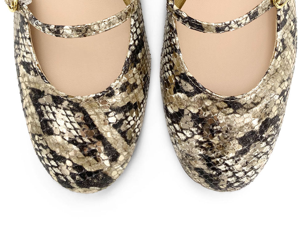Mary Jane Ballerinas aus Schlangenleder-Print mit Riemen und hohem Absatz
