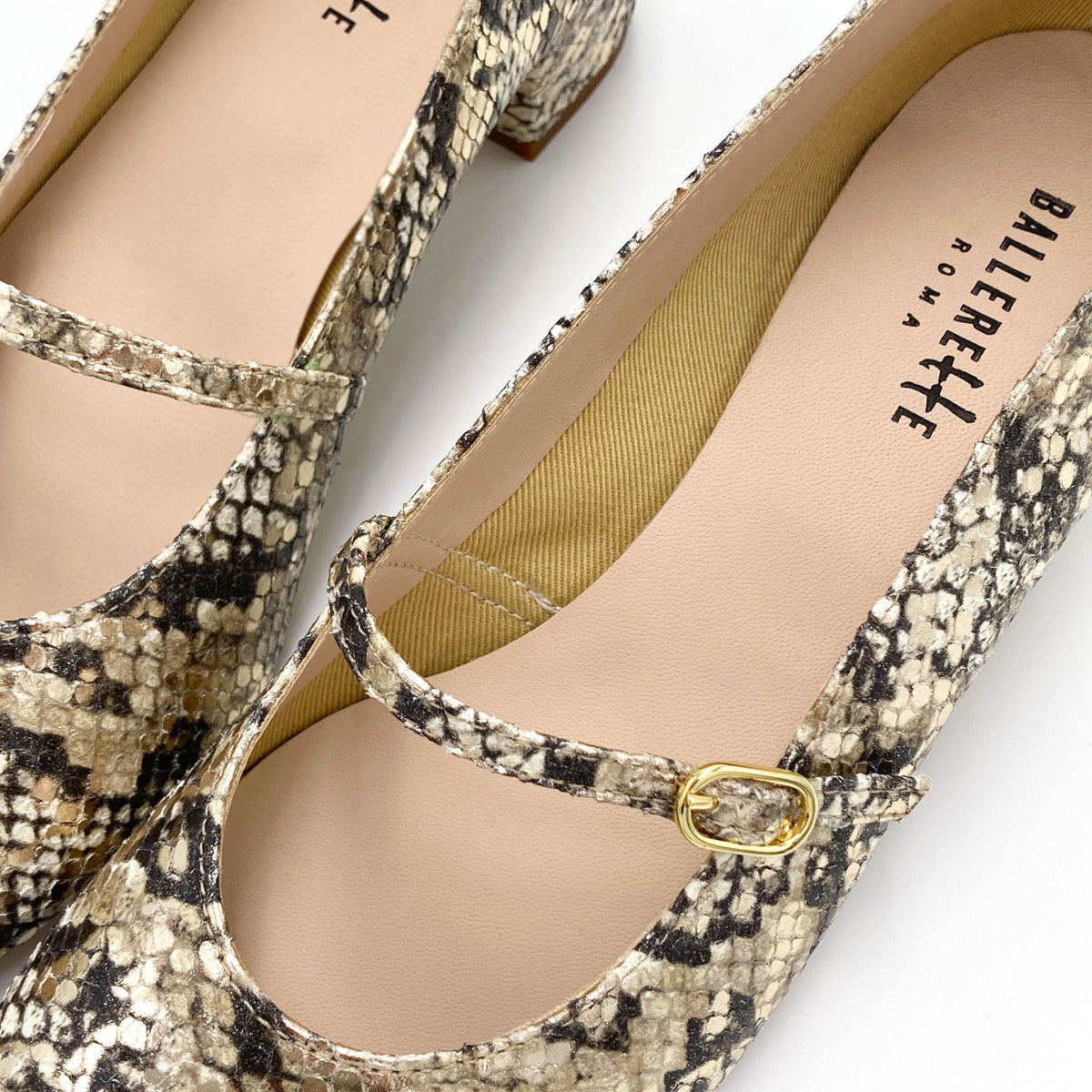 Ballerine Mary Jane animalier pitonate in pelle con cinturino e tacco alto