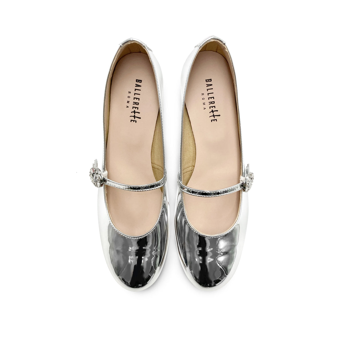 Silver mirrored Mary Jane ballet flats with strap and high heel