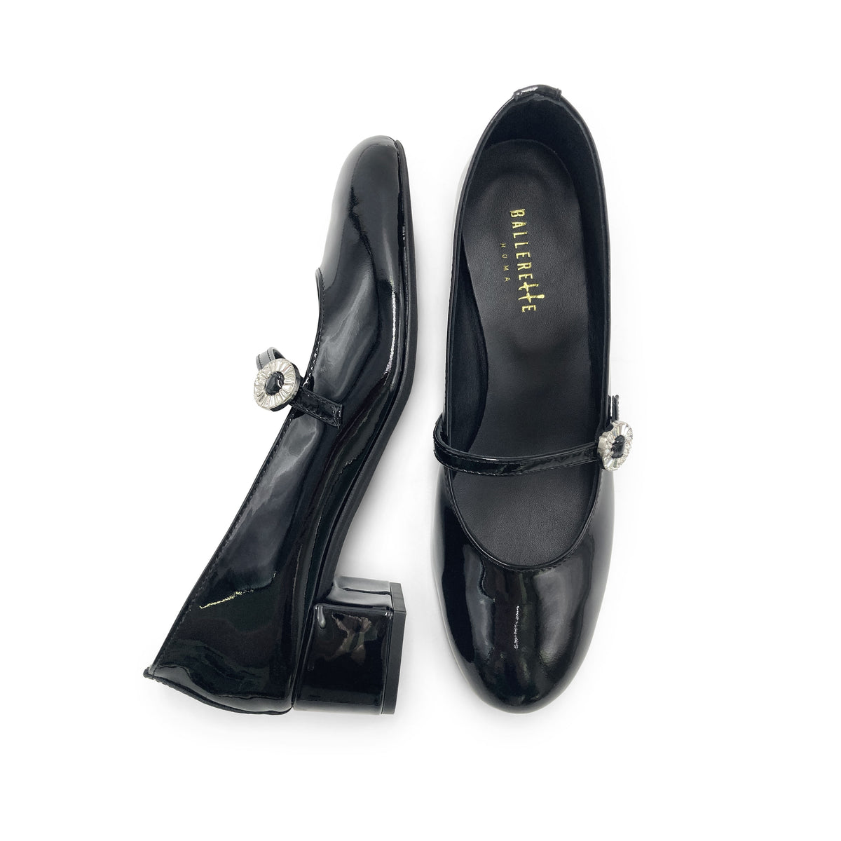 Black patent leather Mary Jane ballet flats with heel and jewelled strap