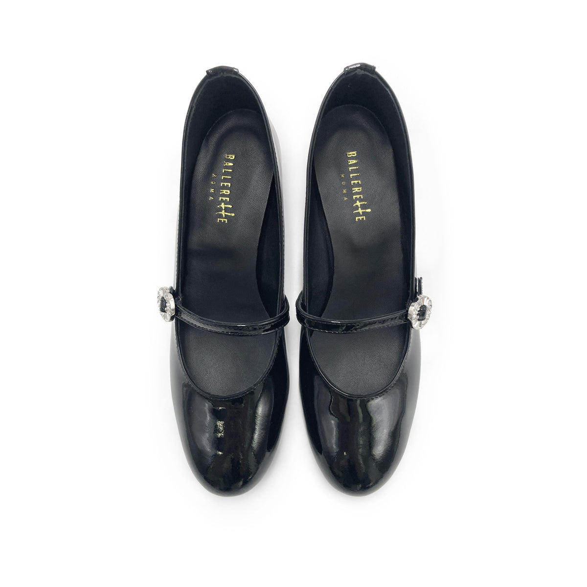 Black patent leather Mary Jane ballet flats with heel and jewelled strap