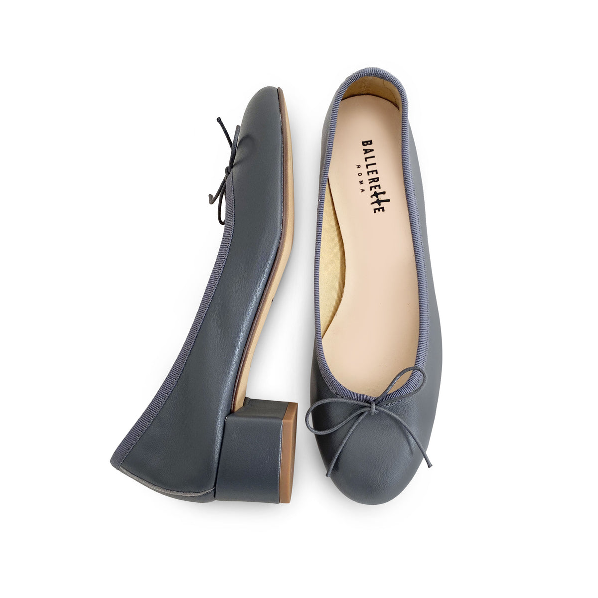 Smoke Grey Leather Ballet Flats with High Heel