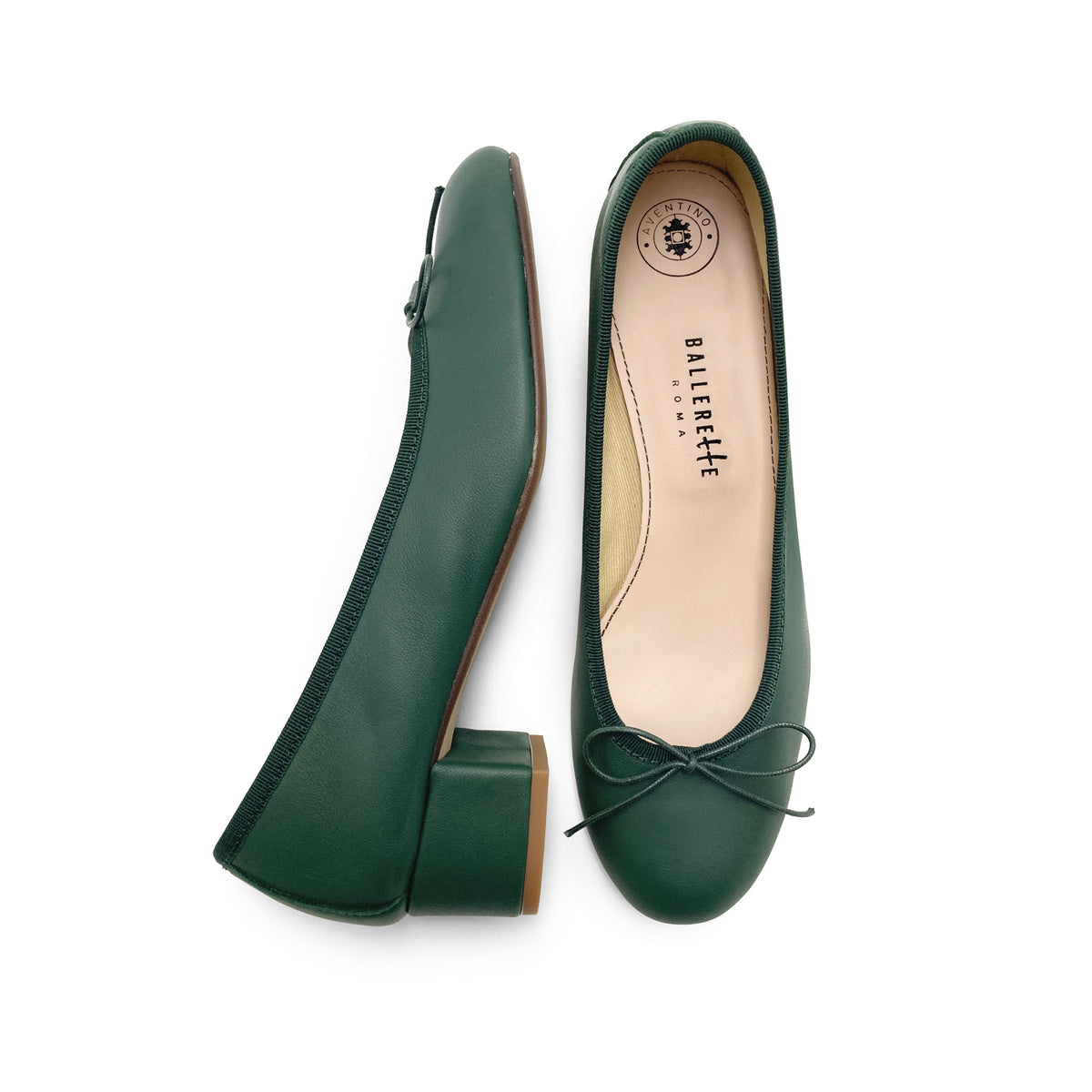 Ballerine in pelle verde bottiglia con tacco alto