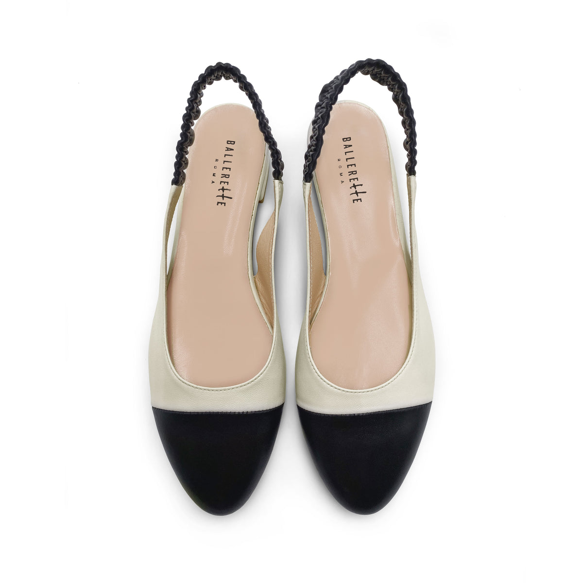Ballerines à bride arrière en cuir ivoire et noir