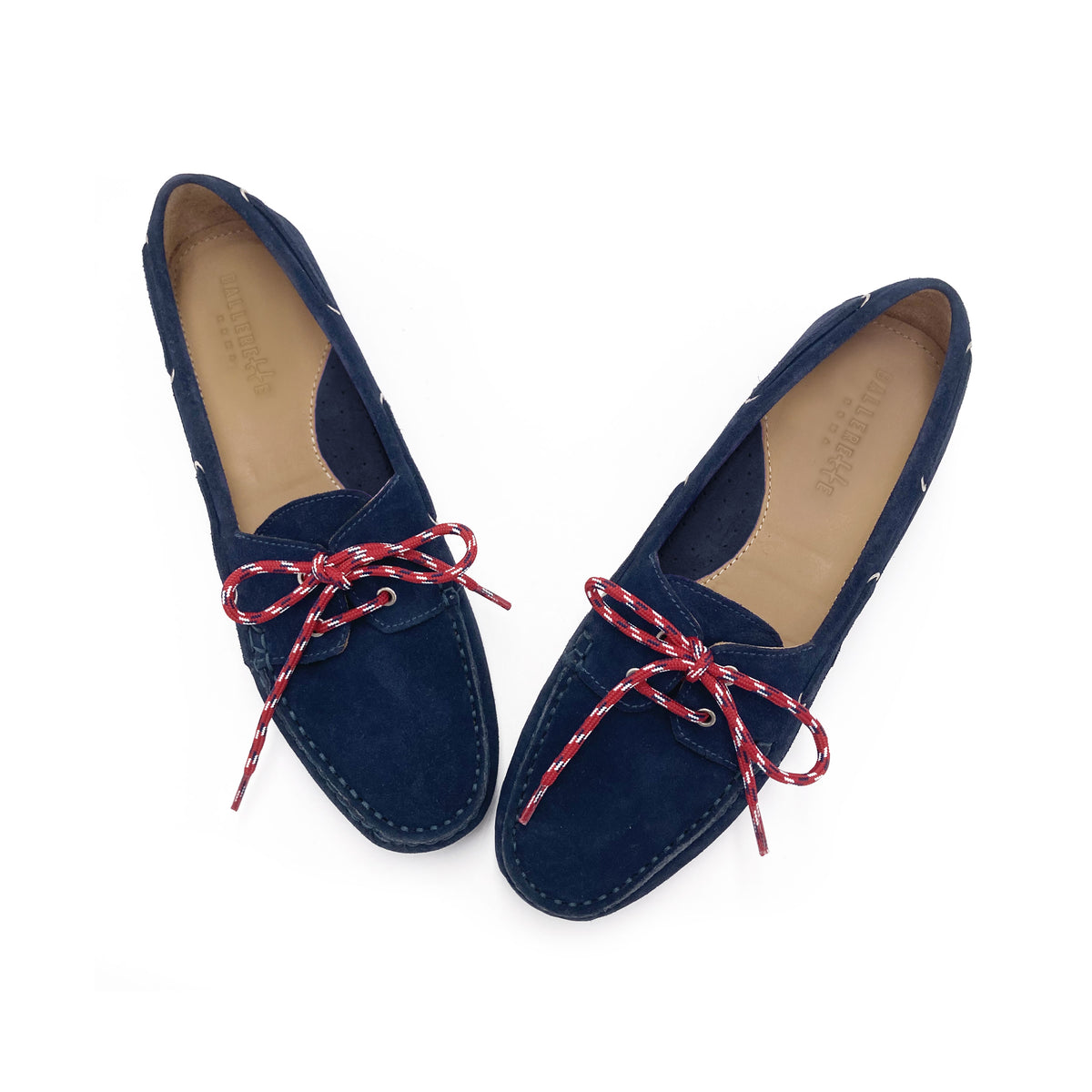 Mocassini donna da barca estivi in camoscio blu con laccio nautico