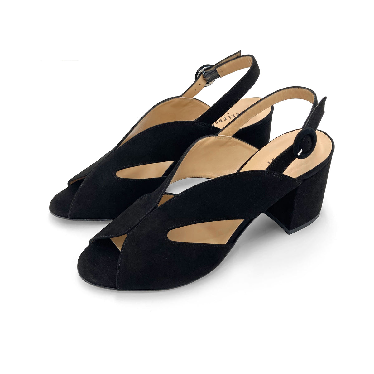 Schwarze Slingback-Pumps aus Wildleder mit Open-Toe und Absatz