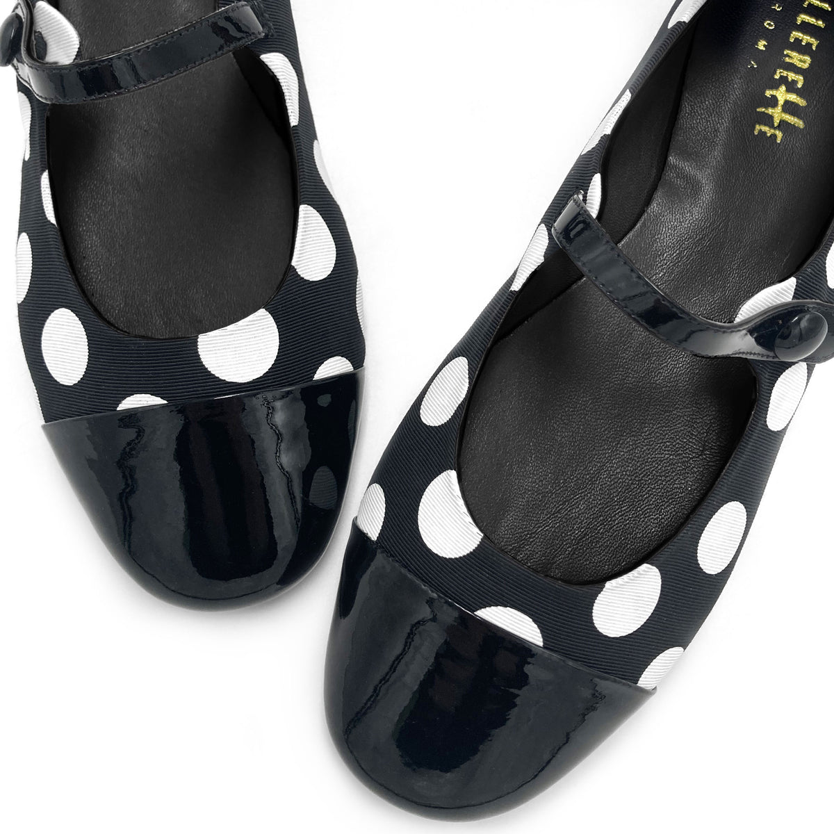 Ballerines Mary Jane en tissu à pois noirs et blancs