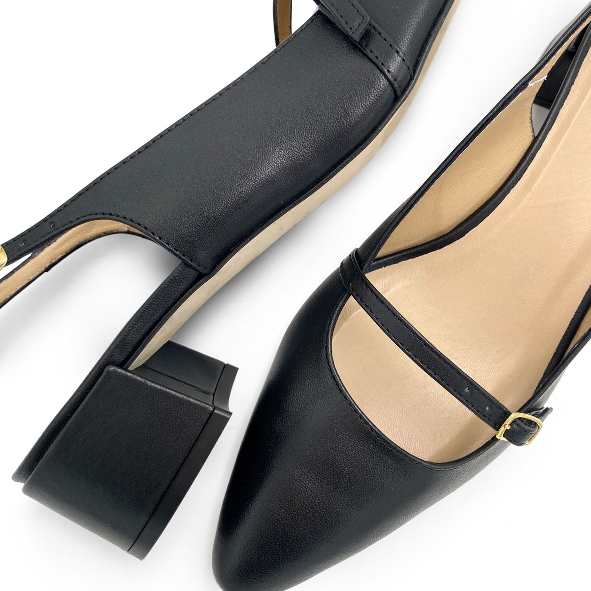Schwarze Mary Jane Slingback Ballerinas aus Leder mit Absatz