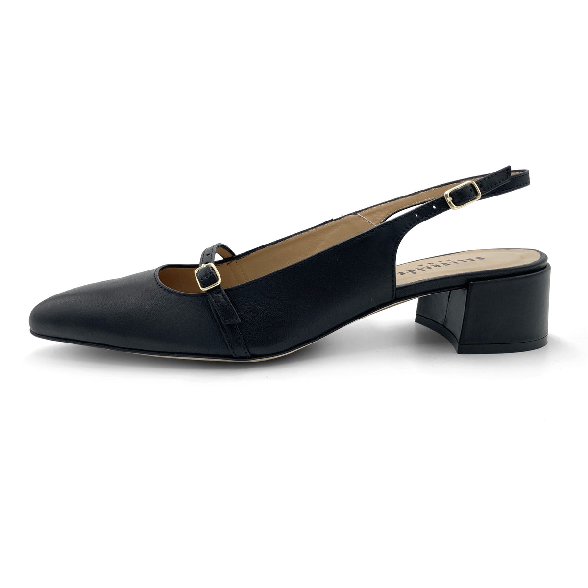 Schwarze Mary Jane Slingback Ballerinas aus Leder mit Absatz