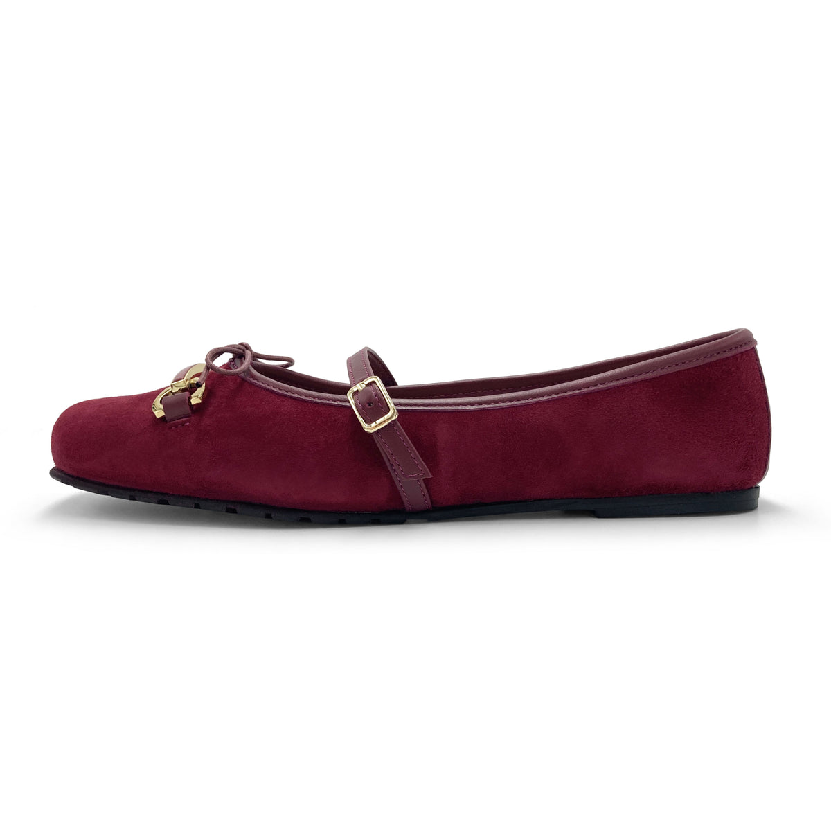 Bordeauxrote Veloursleder-Mary-Jane-Ballerinas mit Metallschließe