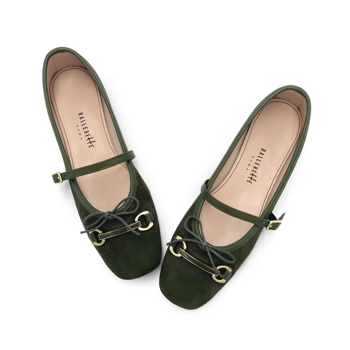 Ballerine Mary Jane in camoscio verde con morsetto