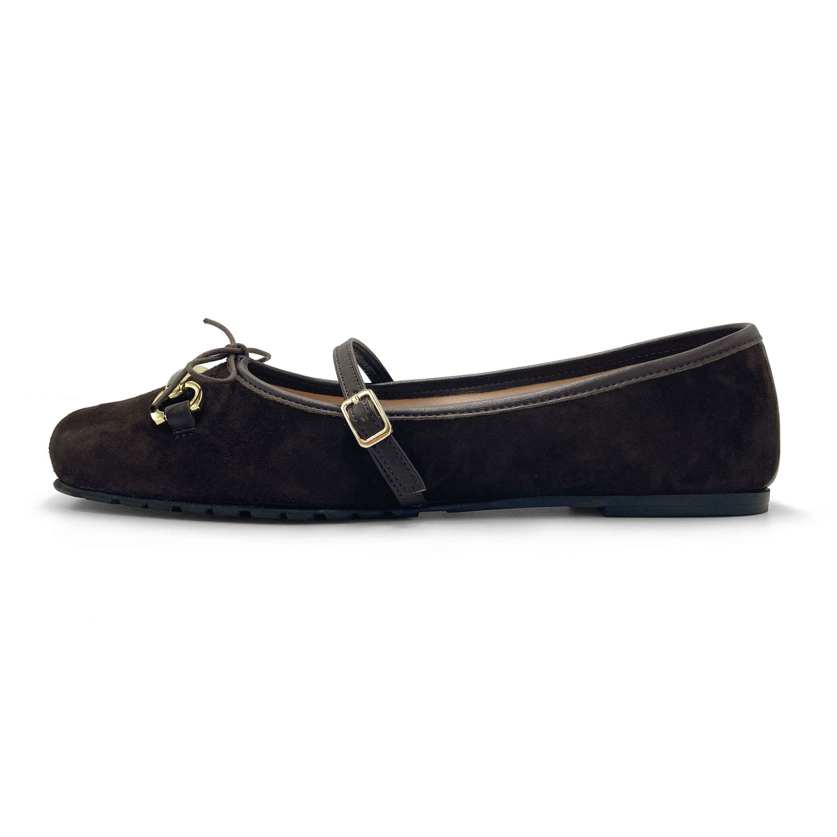 Brown suede Mary Jane ballet flats with a metal clasp