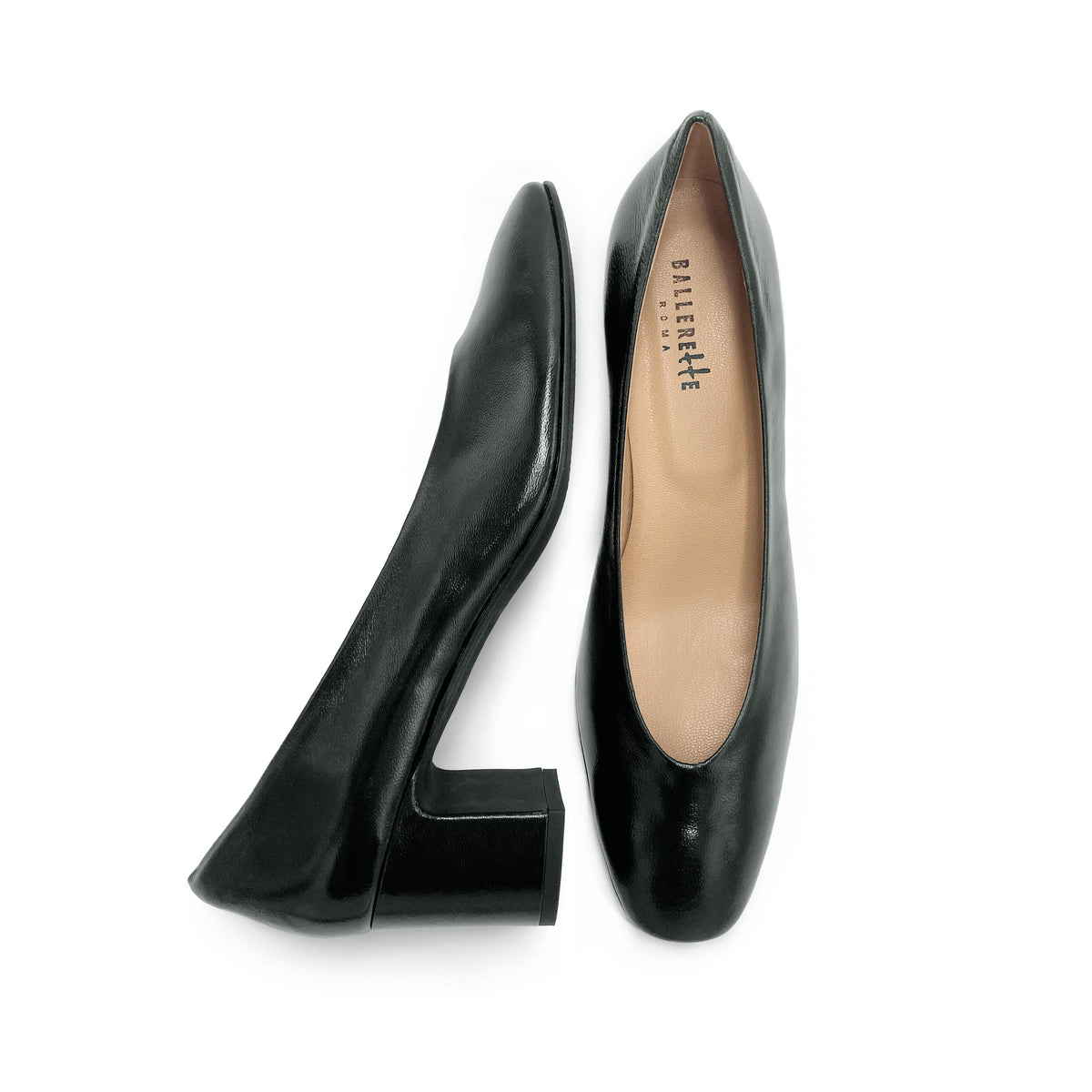 Scarpe ballerine nere in vernice con punta quadrata e tacco alto comodo