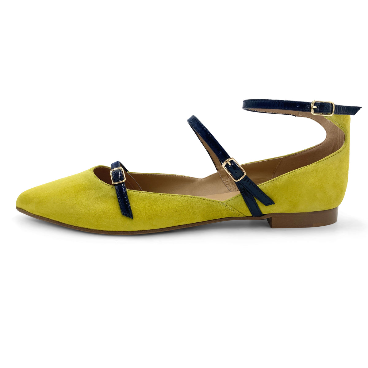 Ballerines pointues en daim verto live avec brides en vernis bleu