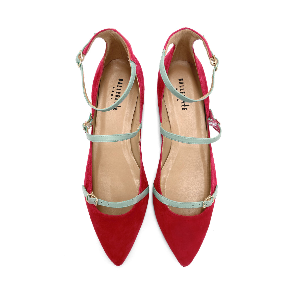 Ballerines pointues en daim rouge avec brides en vernis turquoise