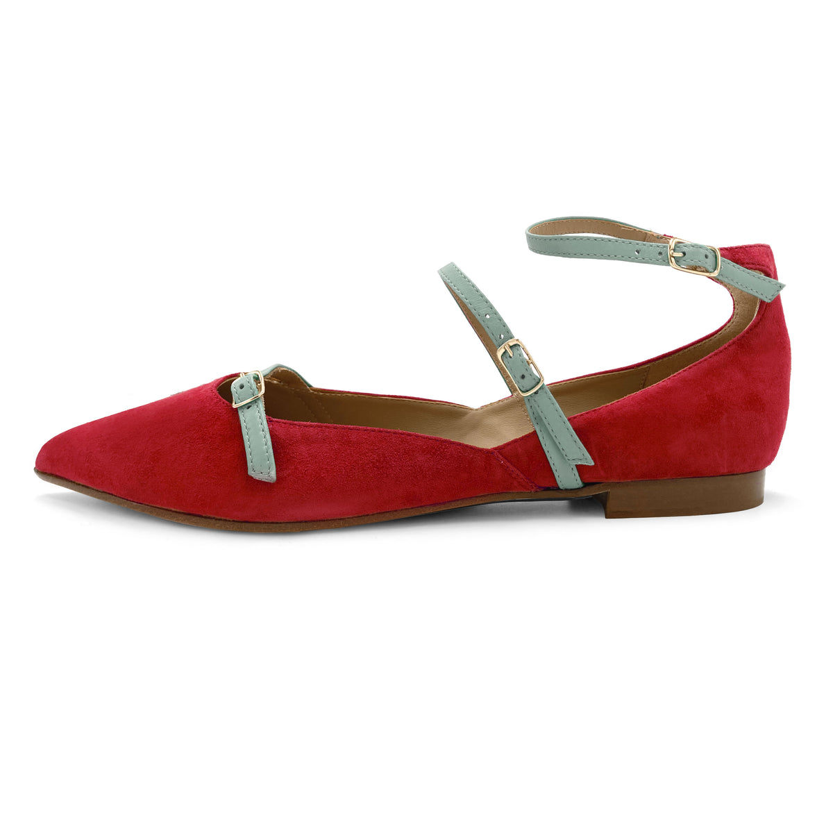 Ballerines pointues en daim rouge avec brides en vernis turquoise