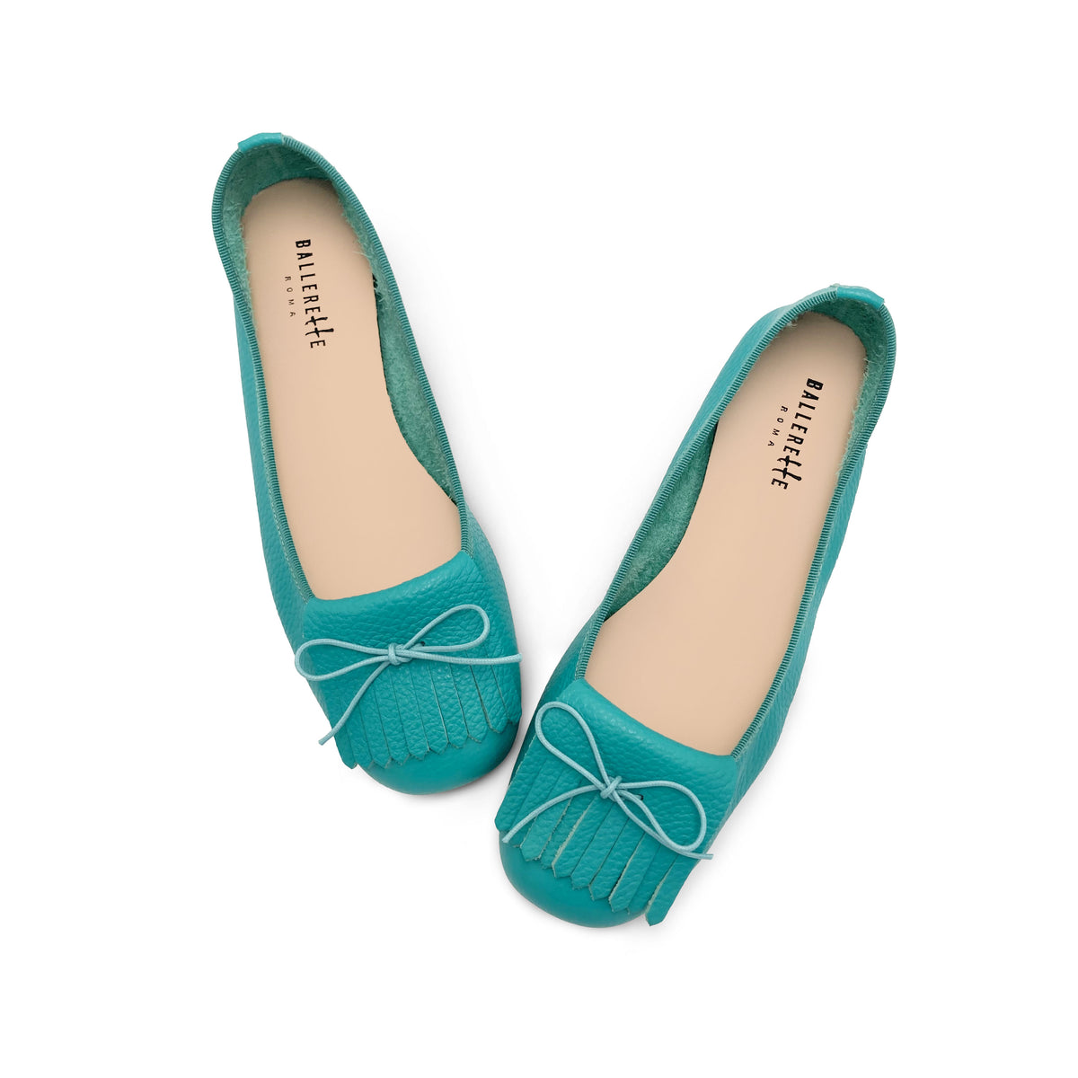 Mocassins femme en cuir bleu aqua a frange