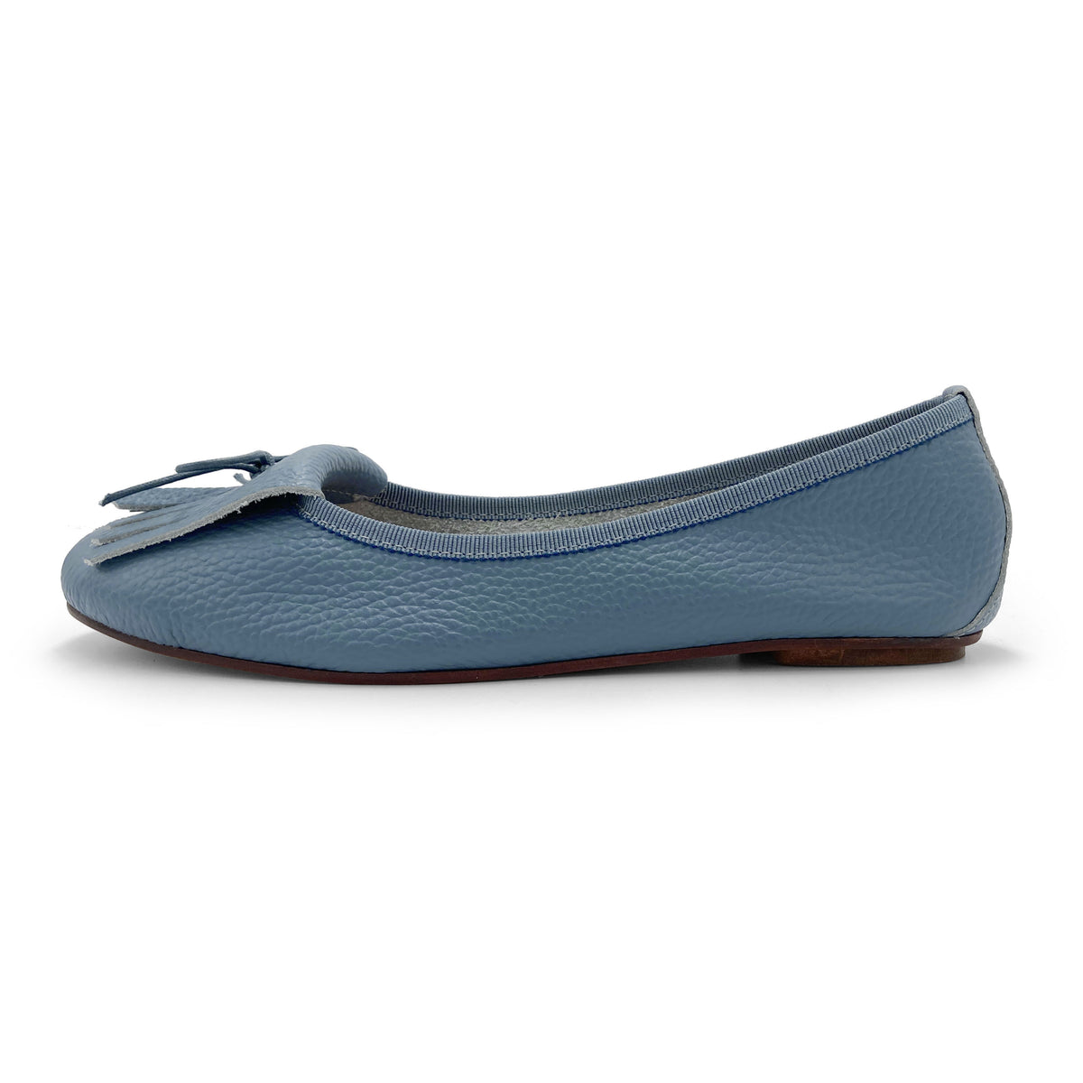 Denim-blue leather moccasins with fringes