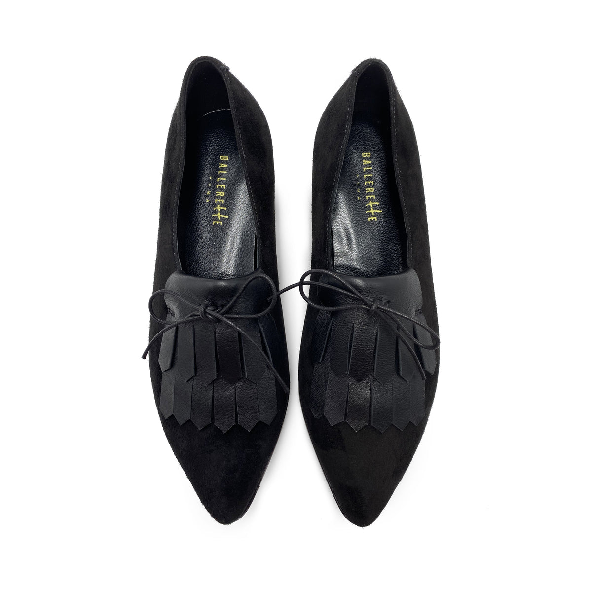 Schwarze Oxford-Damenschuhe aus Wildleder mit Lederfransen