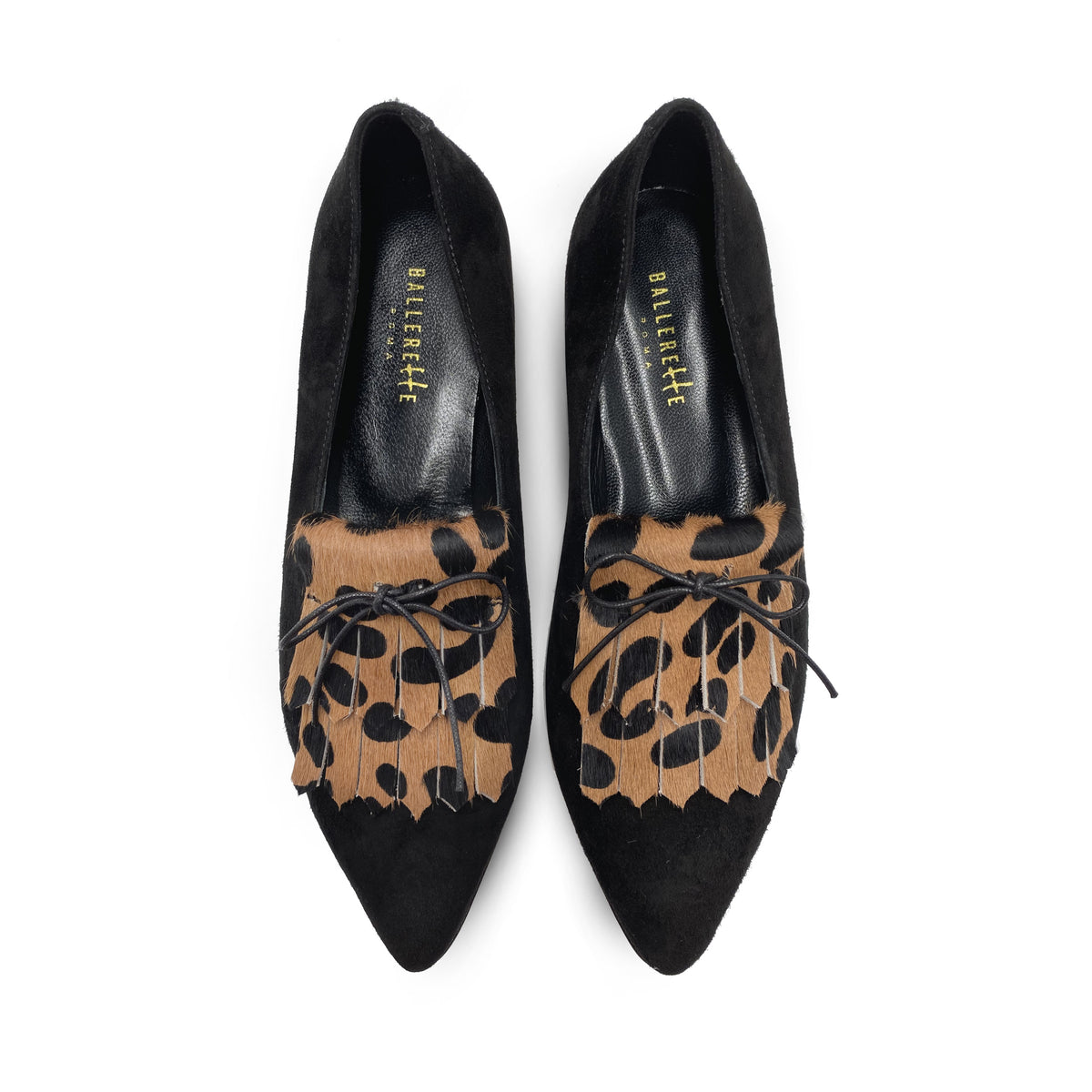 Brogues femme noire en daim avec franges tachetée animalier