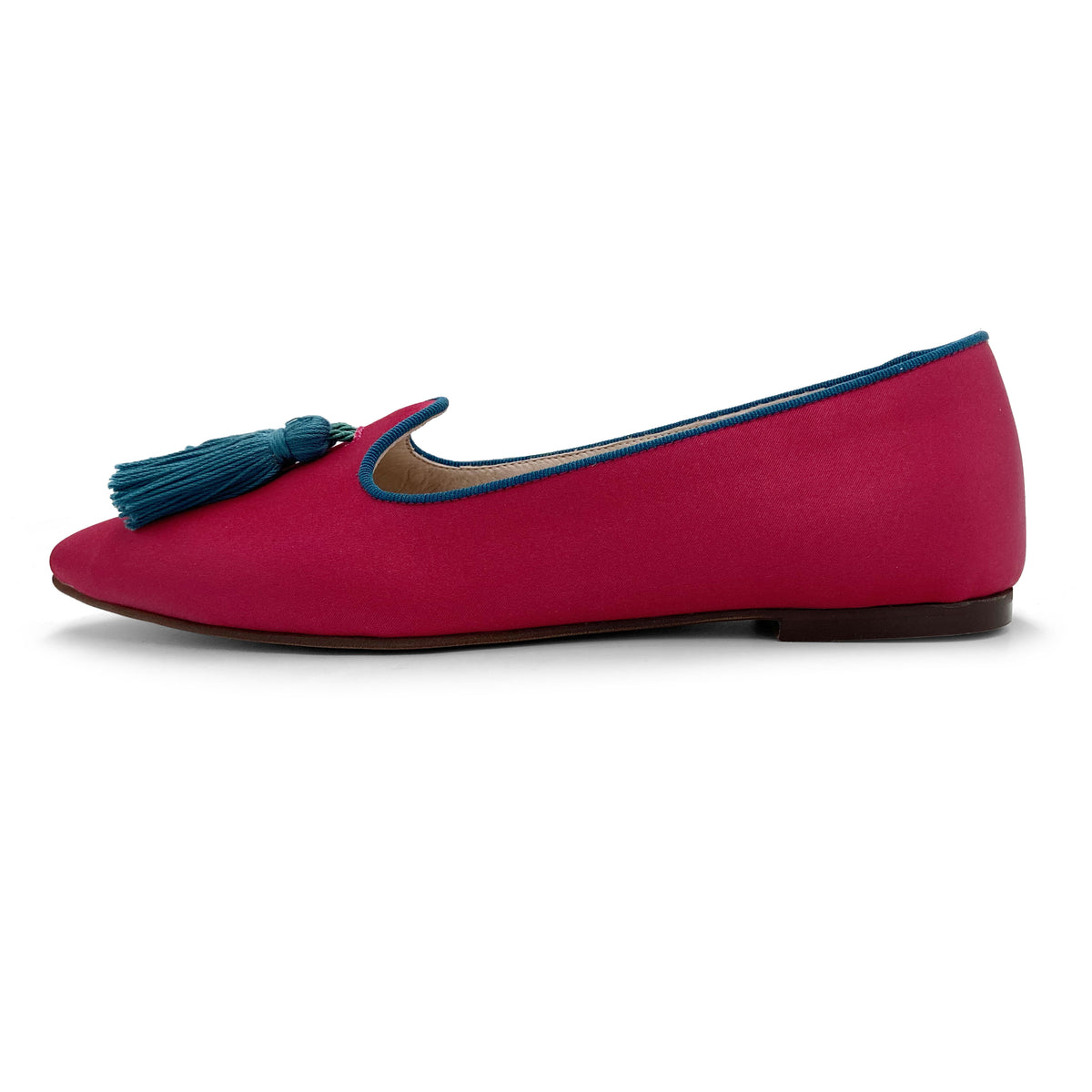 TT Go Green Collection - Mocassini donna fucsia in raso eco e nappine petrolio