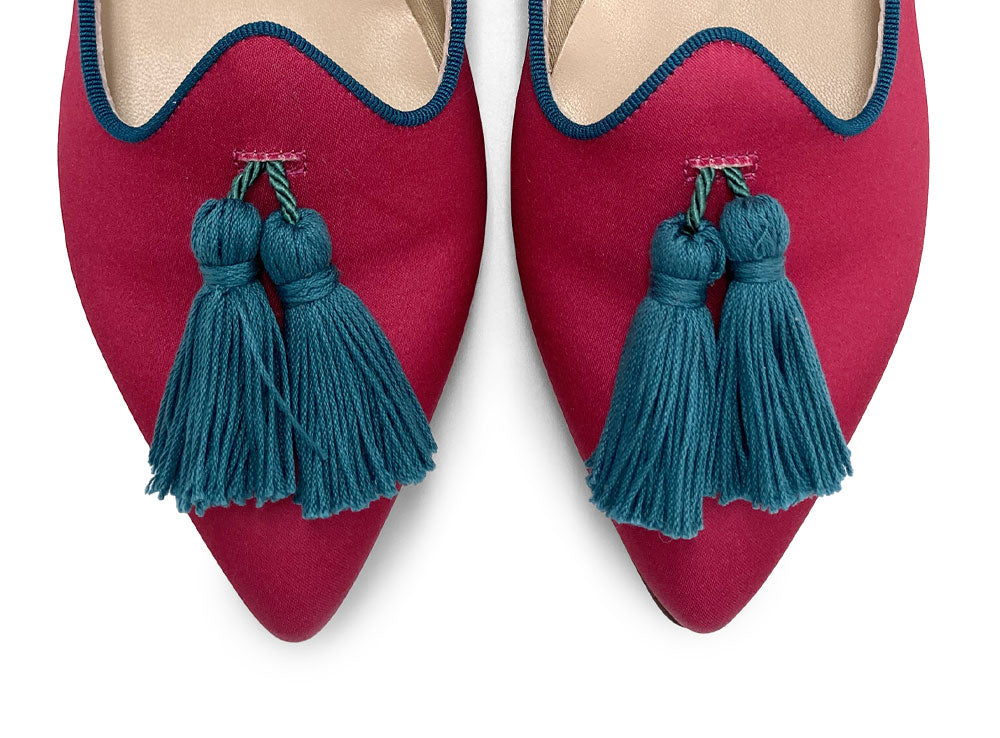 TT Go Green Collection - Mocassini donna fucsia in raso eco e nappine petrolio