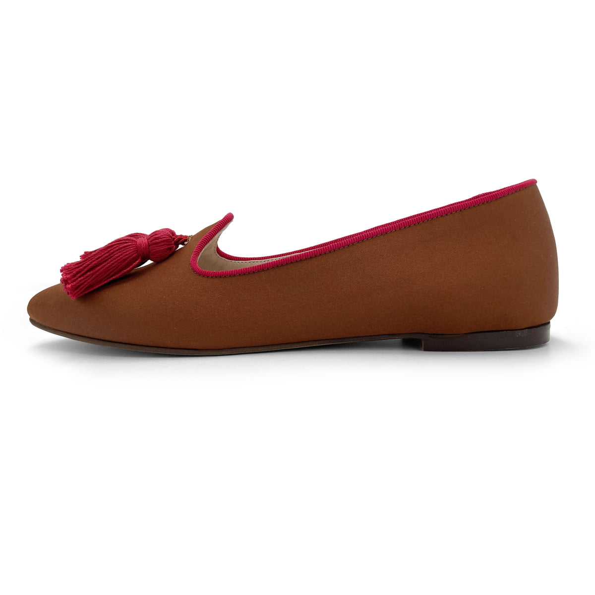 TT Go Green Collection - Mocassini donna marroni in raso eco e nappine fucsia