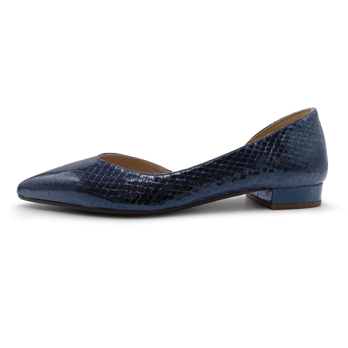 D'Orsay Spitz zulaufende Ballerinas in blauem Laminat