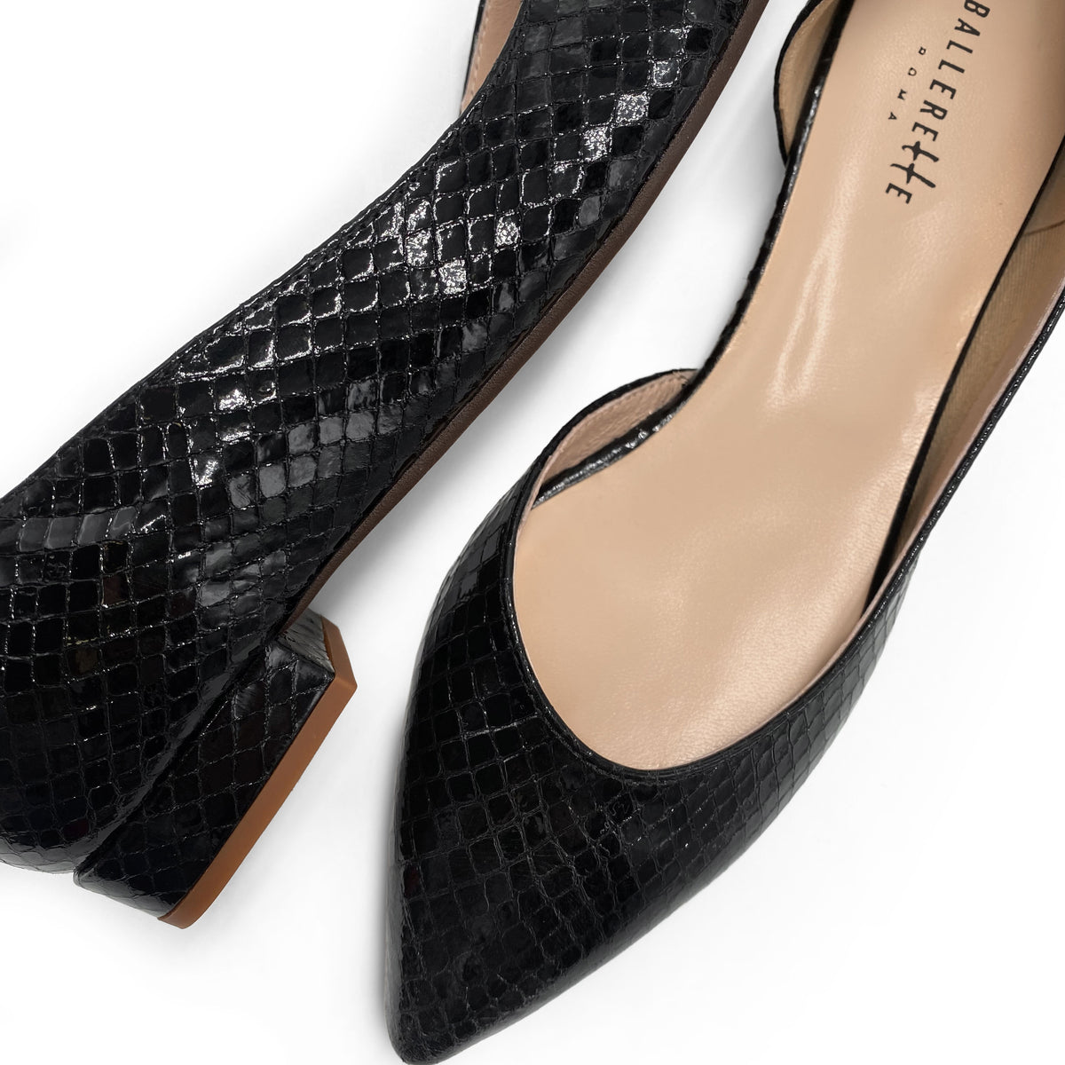 Ballerines d'Orsay en cuir lame noir imprimé animal