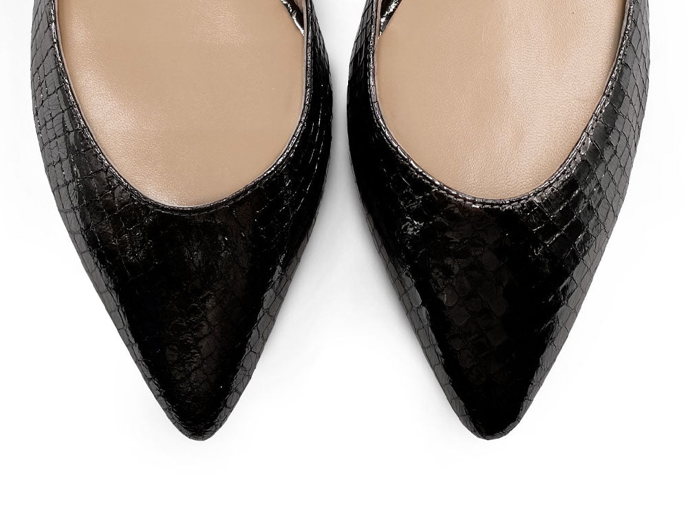 Ballerines d'Orsay en cuir lame noir imprimé animal
