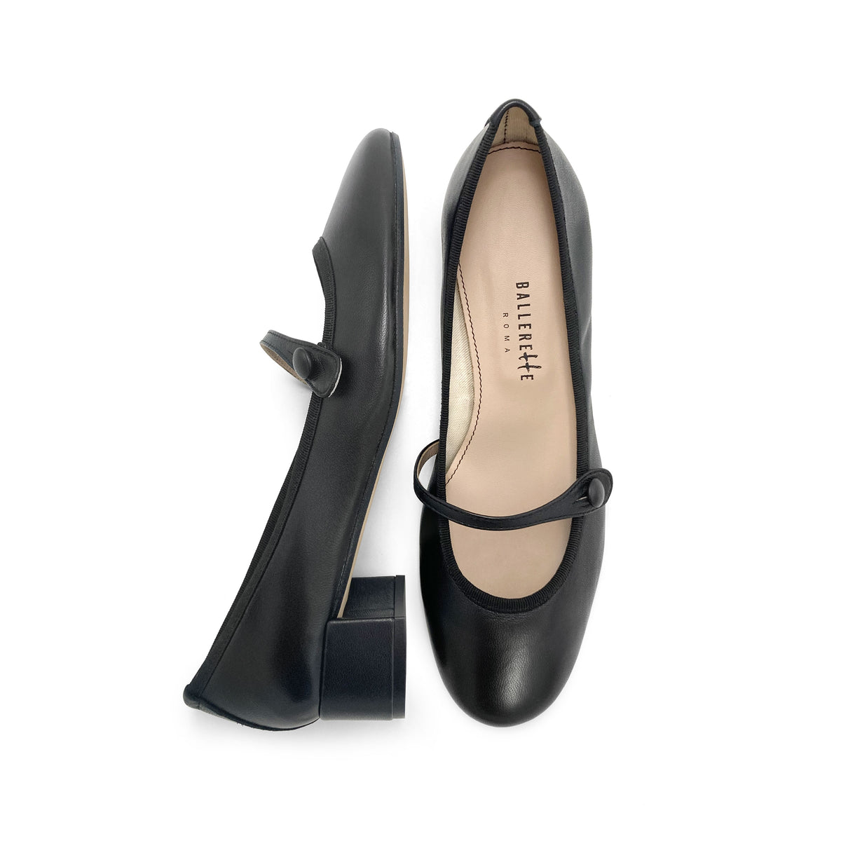 Ballerine Mary Jane nere in pelle con cinturino e tacco