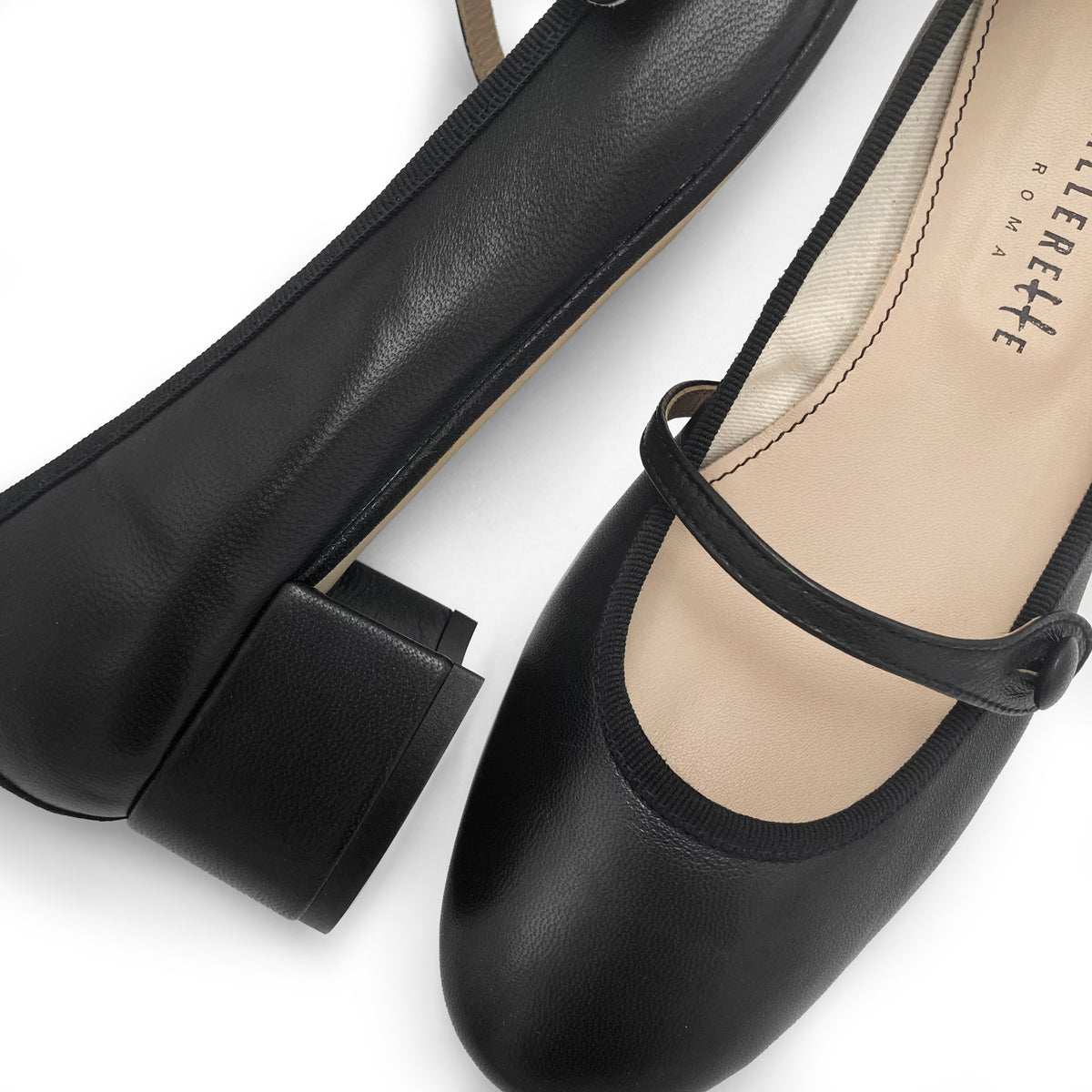 Ballerine Mary Jane nere in pelle con cinturino e tacco