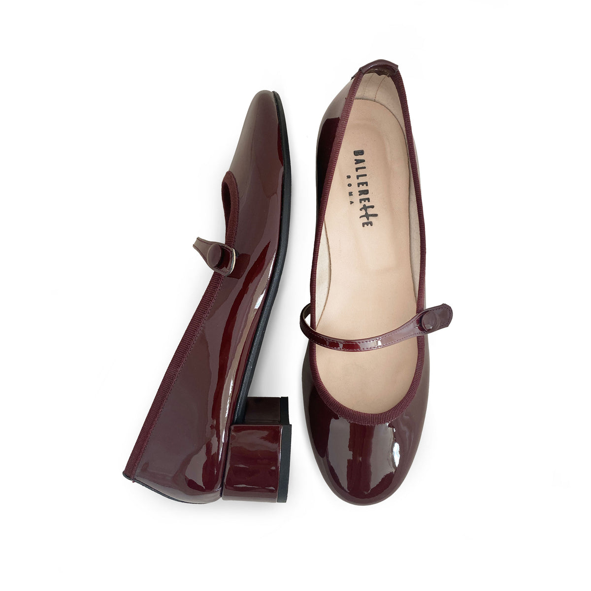 Ballerine Mary Jane bordeaux in vernice con cinturino e tacco