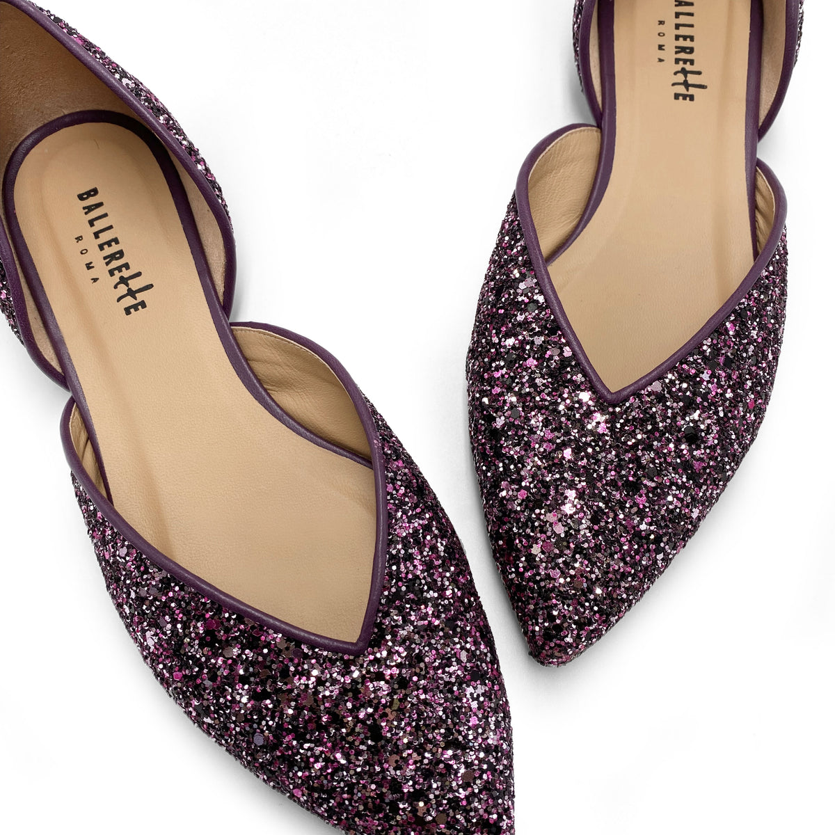 Lila offene Glitzer Ballerinas