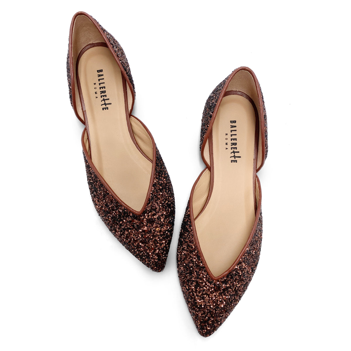 Open ballet flats in bronze glitter