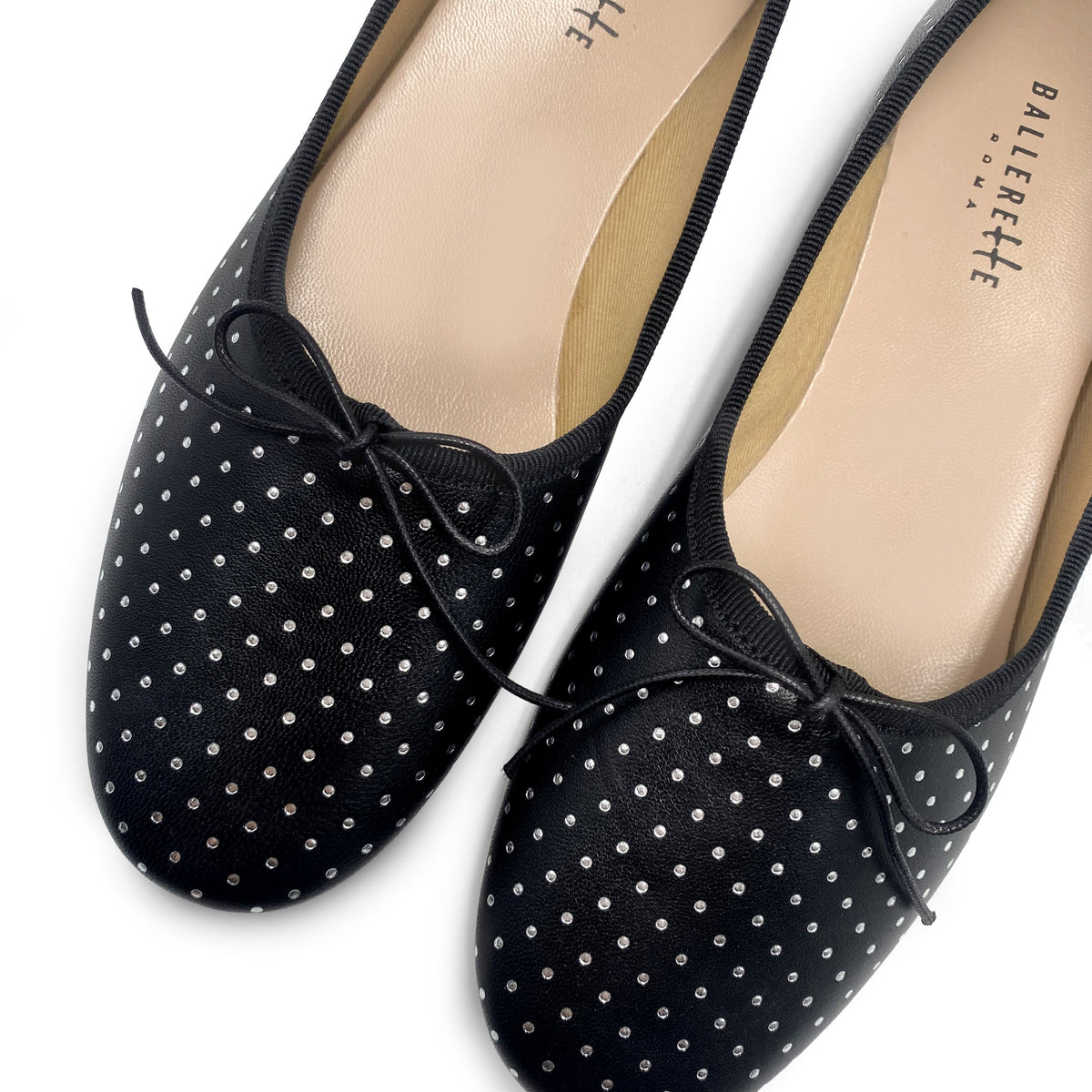 Ballerine accollate nere in pelle con micro pois argento
