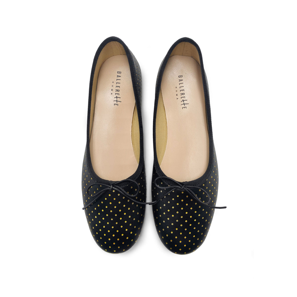 Ballerine accollate nere in pelle con micro pois oro