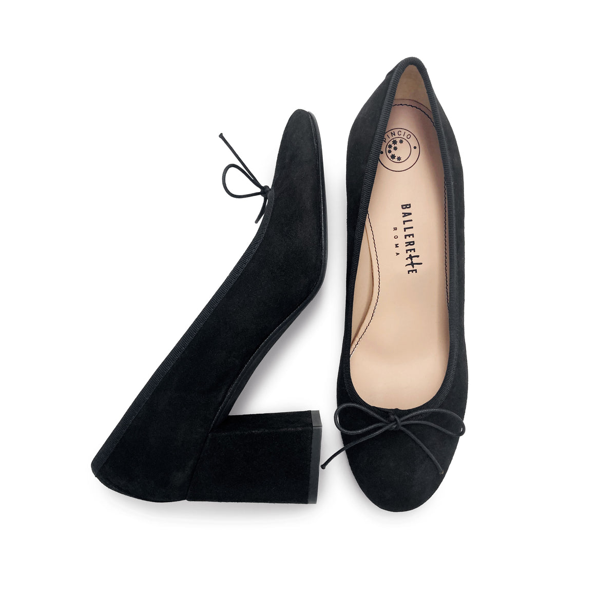 Ballerine décolleté in camoscio nero con tacco alto