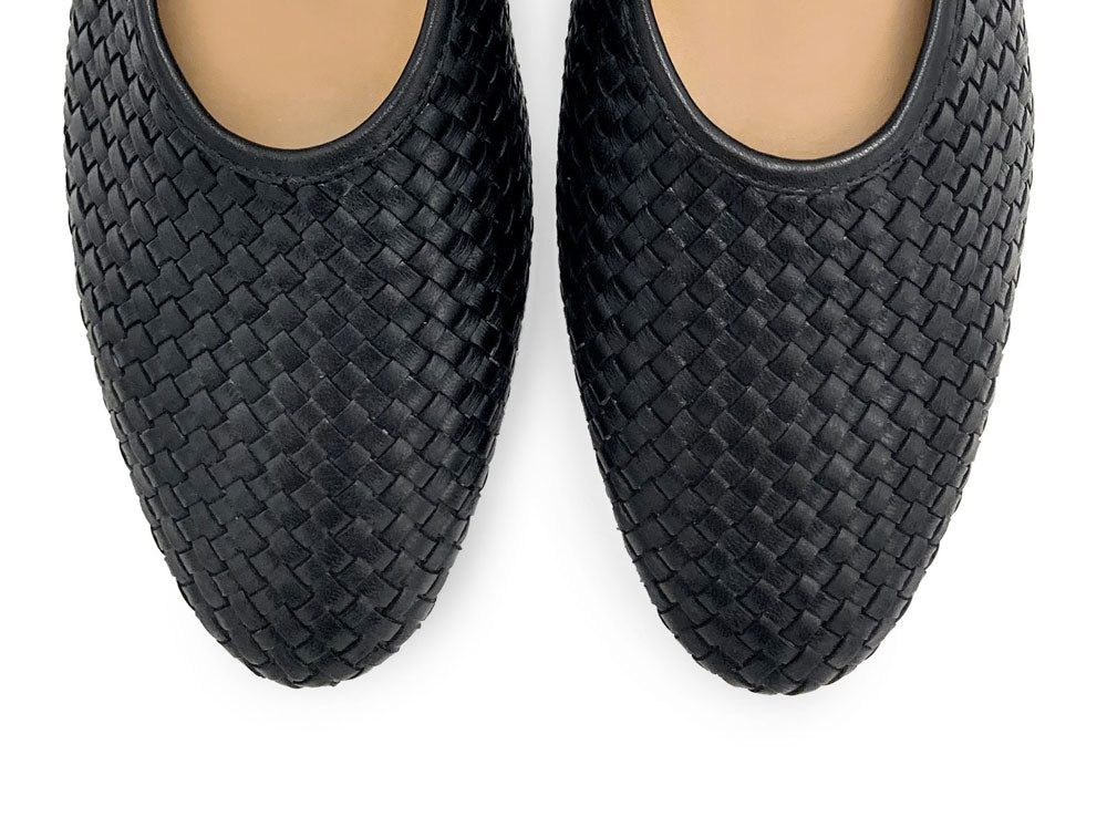 Black high cut handwoven leather ballet flats with strap