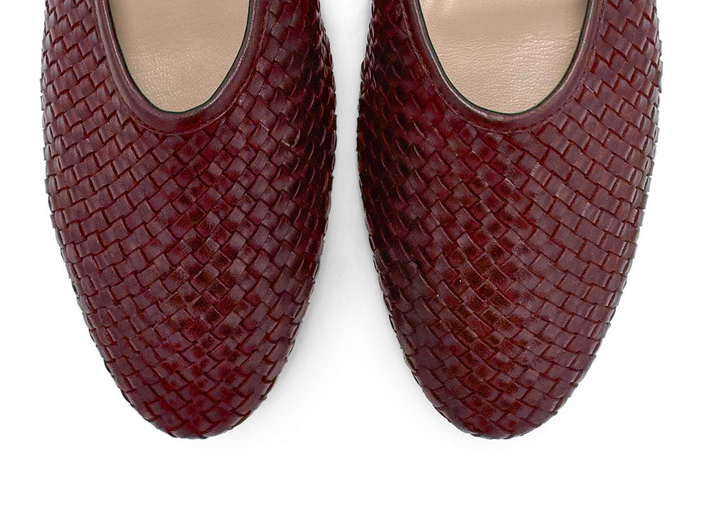 Burgundy high cut handwoven leather ballet flats with strap