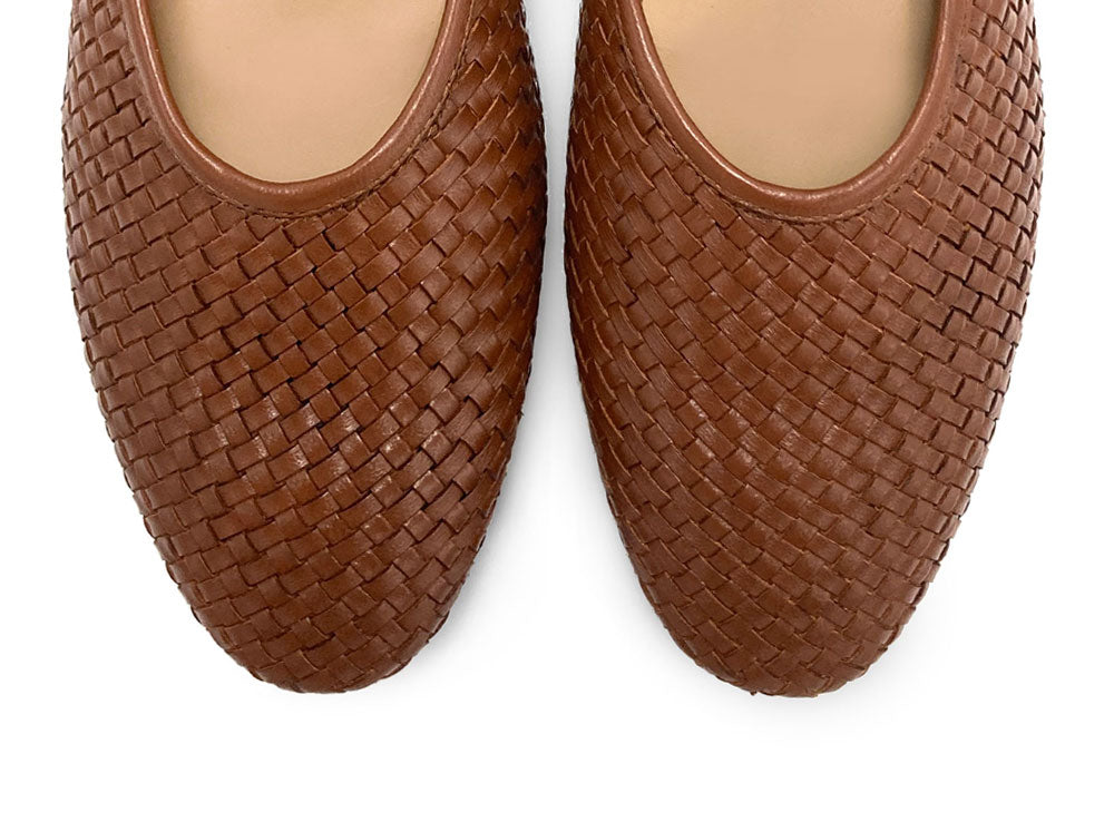 Brown high cut handwoven leather ballet flats with strap