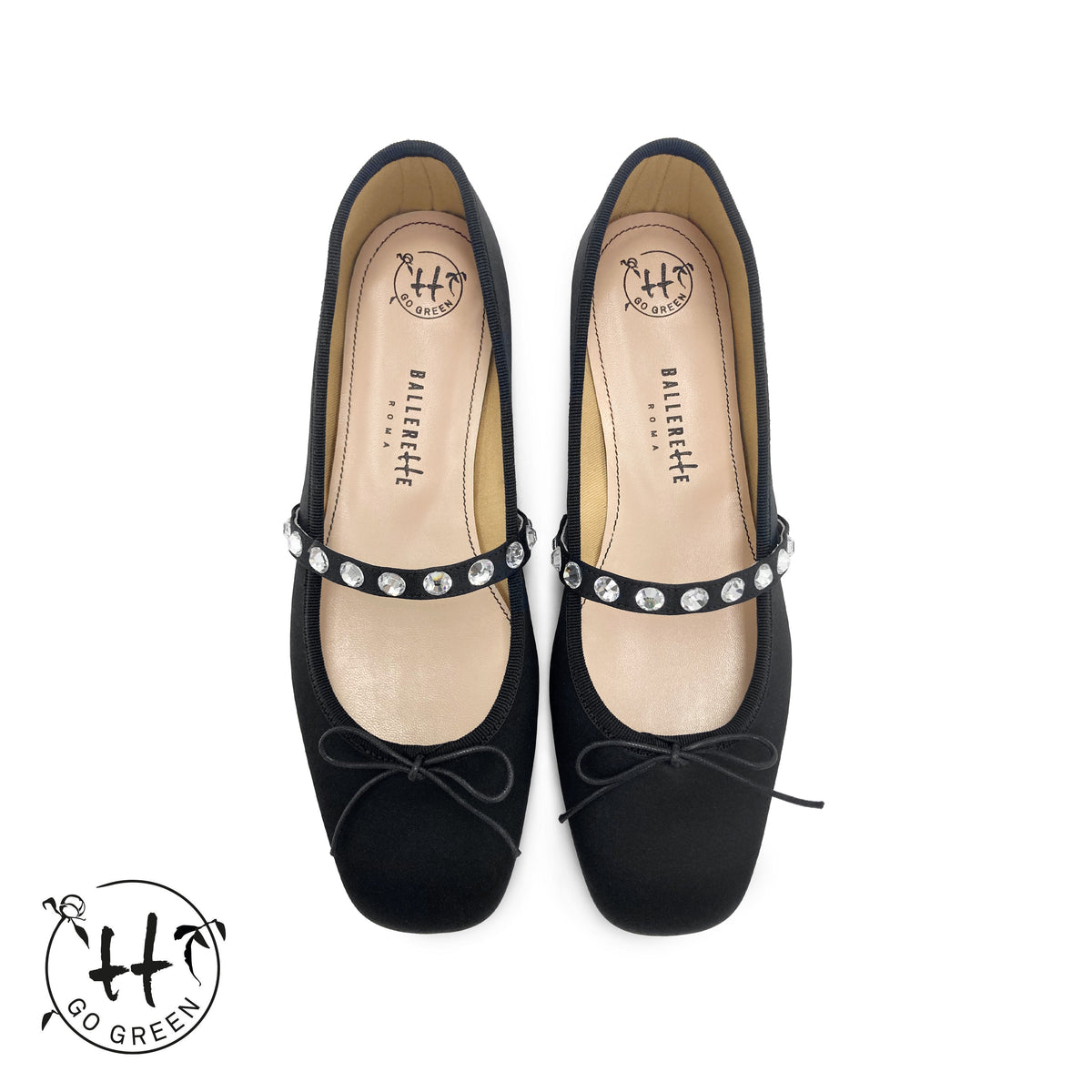TT Go Green Collection - Ballerine Mary Jane nere in raso eco con cinturino gioiello
