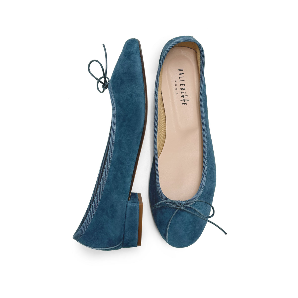 Ballerine con tacco blu ceruleo in camoscio
