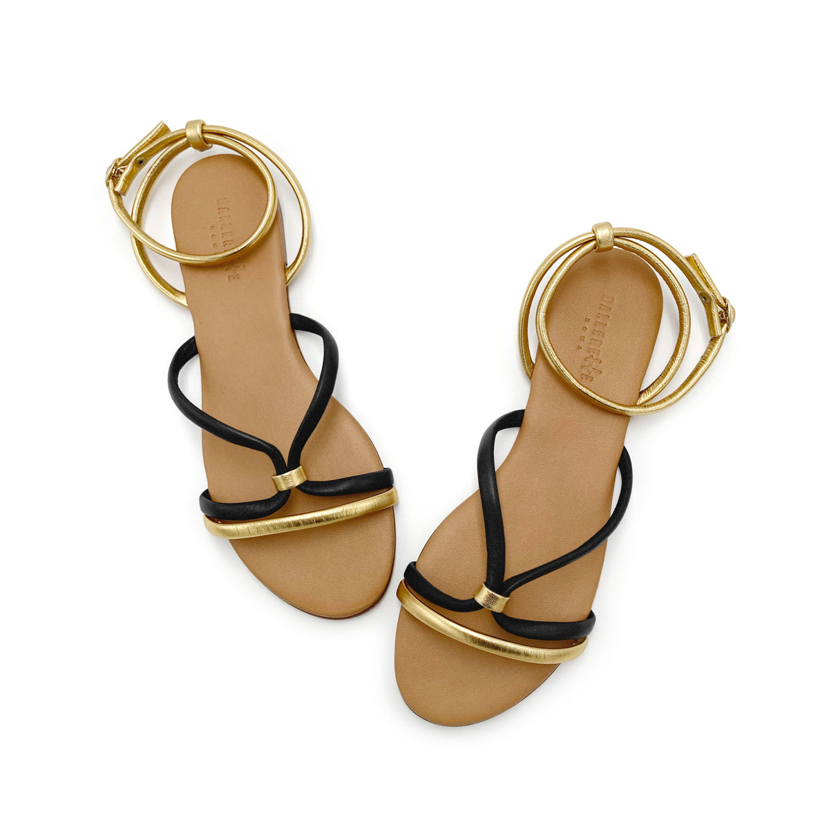 Sandali bassi intrecciati in pelle neri e oro